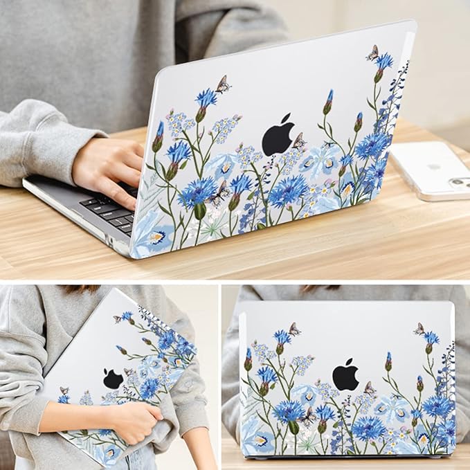 Compatible with M4 MacBook Air 13.6 inch Case 2025 2024 2023 2022 A3240 A3113 M3 A2681 M2 Chip, Crystal Pattern Plastic Hard Case Cover for Mac Air 13 M4 Touch ID, Tropical Blue Flowers