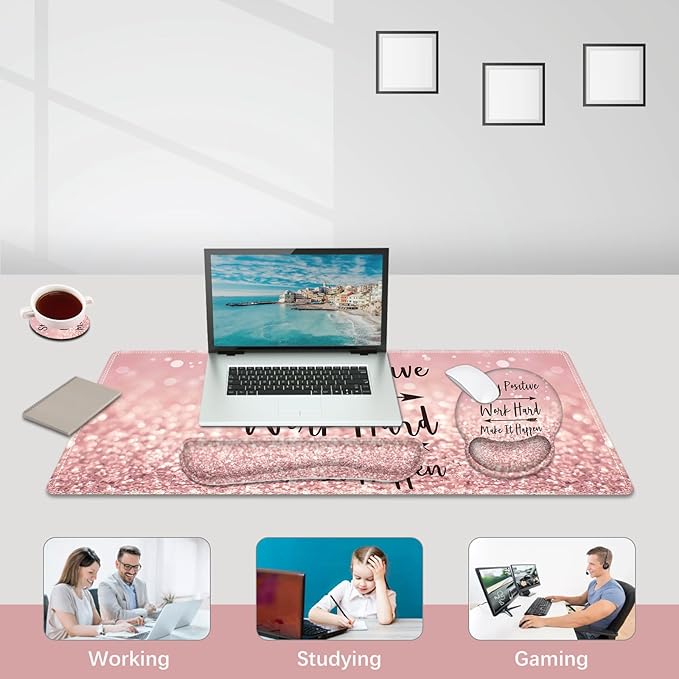 DINKY Large Gaming Mouse Mat and Mouse Pad Wrist Keyboard Wrist Rest Set, Anti-Slip Base Mousepad + Coaster, 35.4 x 15.80-inch, Ergonomic Wrist Support for Home Working Gaming-PinkQuote