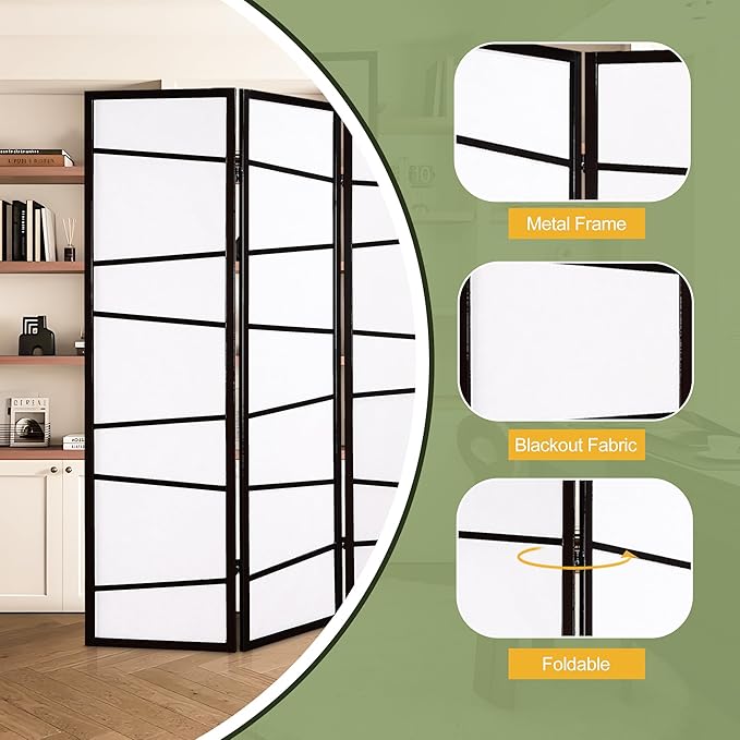 NicBex Room Divider 3 Panel Room Dividers with Heavy-Duty Rice Paper Partition Room Dividers and Folding Privacy Screens Wall Divider for Home, Office, Room Separation,51"W x 2"D x 71"H, White+Black