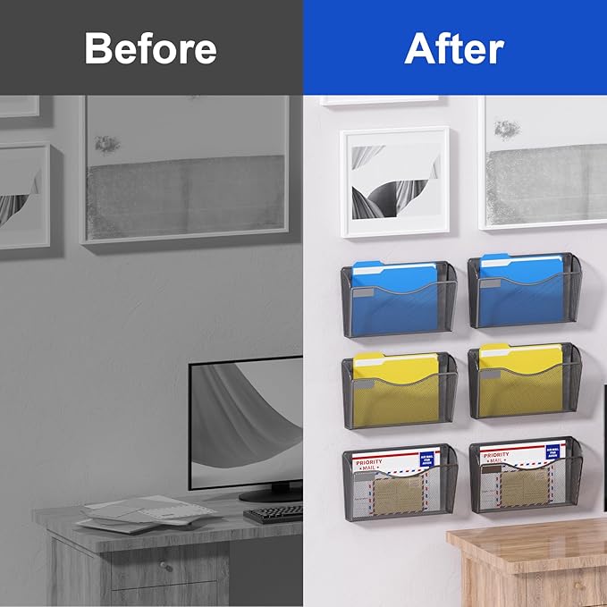 samstar 6 Pack Mesh Wall Mounted File Holder Metal Wall File Pocket Mail Organizer for Office/Home(with Label Panel)