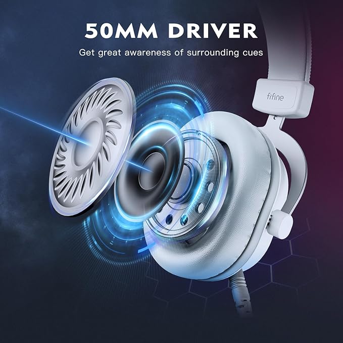 FIFINE USB Gaming Headset, PC Headphones Wired with Microphone for Computer/Laptop, Over-Ear RGB Headset with 7.1 Surround Sound, Noise Cancellation for Streaming Video Game- AmpliGame H6 (White)