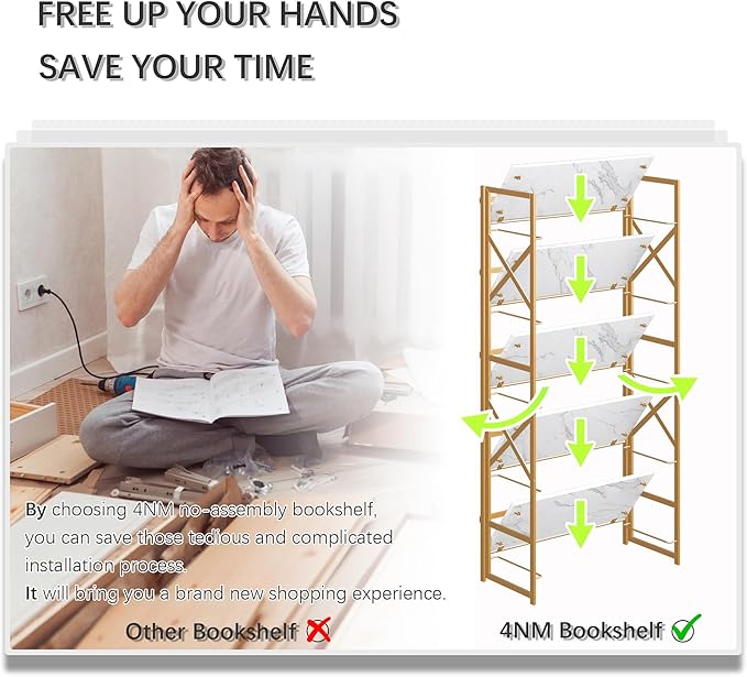 4NM 5 Tiers No Assembly Book Shelves, 51.2" H Folding Bookshelf Bookcase Open Industrial Foldable Shelves for Bedroom, Living Room, Home Office - White Gold