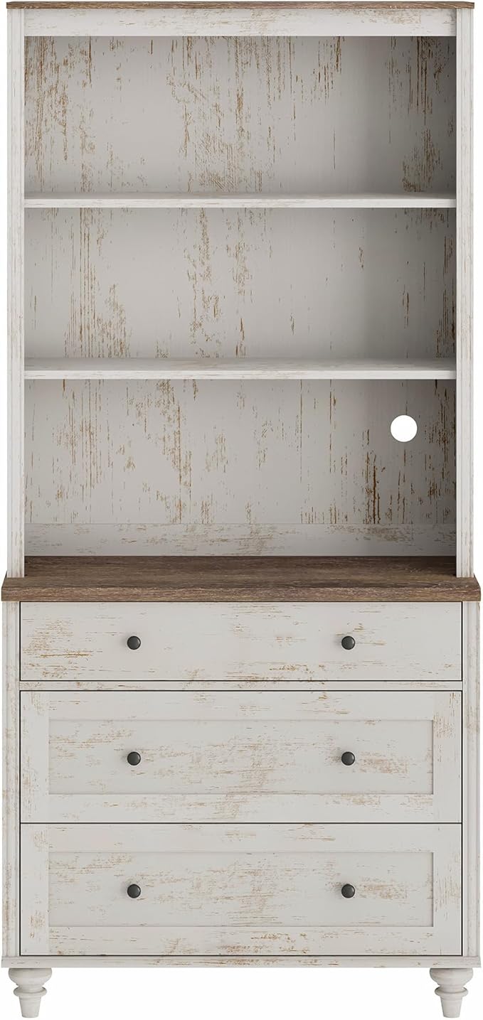 WAMPAT 3 Tier Bookshelf with 3 Drawers, 72" Tall Bookcase Large Farmhouse Display Book Case Shelf with 3-Tier Open Book Shelfs,Library Wood Bookshelves for Living Room,Kitchen, Rustic White