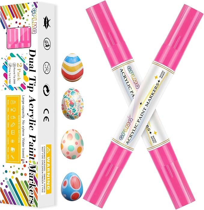 Paint Markers Paint Pens - 2 Pack Dual Tip Acrylic Permanent Marker (0.7mm & 3mm), Non-Toxic, Water-Based for Art Painting, Stone, Ceramic, Glass, Wood, Fabric, Metal, DIY Crafts (Pink)