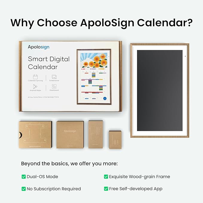ApoloSign 27” Digital Calendar: Dual Mode Calendar with Google Play & Multi-calendar Sync, Electronic Planner & Chore Chart, Smart Touchscreen, Interactive Display for Family Schedules (Teak Wood, 27-inch)