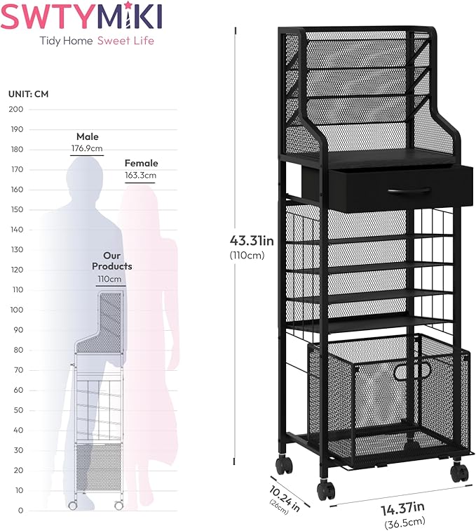 SWTYMIKI 10-Tier Rolling File Cart - Mesh Paper Organizer with Drawer and Hanging File Folders on Lockable Wheels, Wood Teacher Cart for Office Organization, Storage in Home, Studio, School (Black)