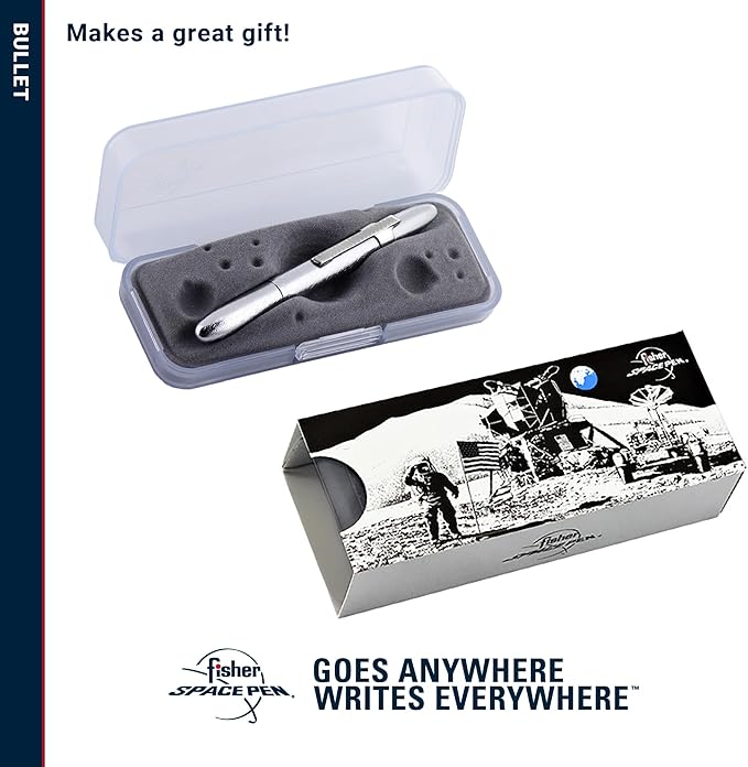 Fisher Space Pen Brushed Chrome Bullet Space Pen, Ballpoint, Brass, Black Ink, Pocket Clip, Gift Box