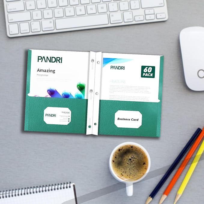 Two Pocket Folders, PANDRI 60 Pack Two Pocket Folders with Prongs, 2 Pocket 3 Prong Folders Designed for Office and Classroom, Letter Size, Assorted 5 Colors