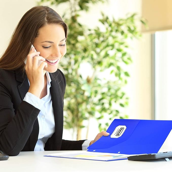 Dunwell Plastic 2-Pocket Folders for 3-Ring Binders, (3 Pack, Blue) 3 Hole Punched, Divider Folder for Notebooks, Durable Poly, Fits 8.5x11 Sheets, Includes Labels