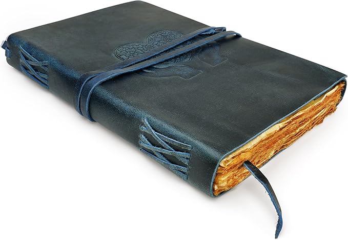 LUXEORIA Heart Journal for Women and Men, Handcrafted Leather Journal for Writing Womens, Sketchbook, Travel Diary with Unlined Deckle Paper, Dark Blue 8x13