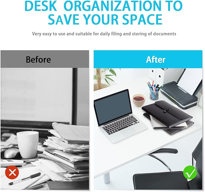 Expanding File Folder with 13 Pockets - Accordion Filing Folder for Documents - Aesthetic Black Paper Organizer for Work, School, Home, Office