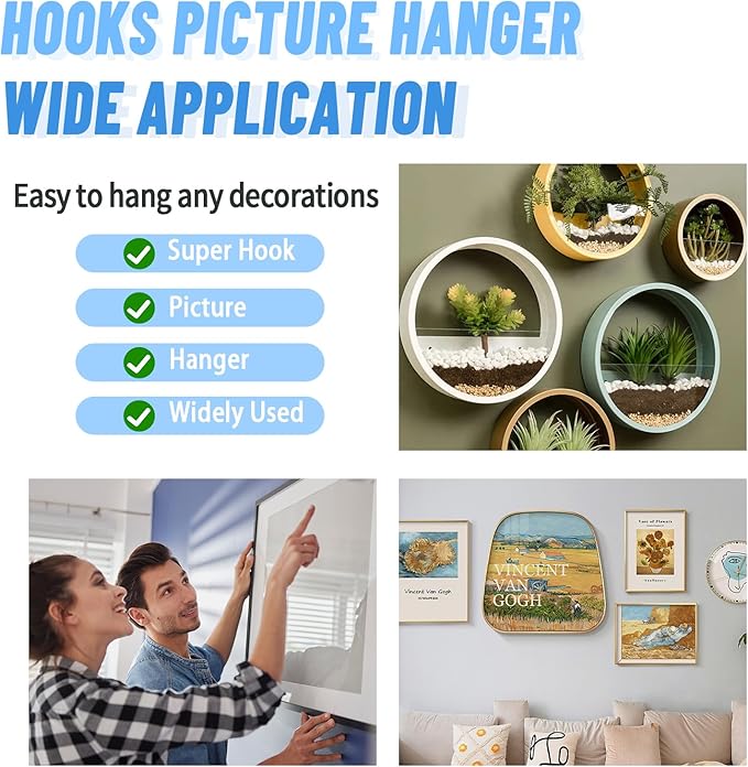 30pcs Black Super Hook Picture Hangers and Office Pack, Drywall Hooks for Hanging Pictures, Wall Hooks, Picture Hangers, Picture Hanging Kit,Hang Art, Clock, Shelves, Mirrors