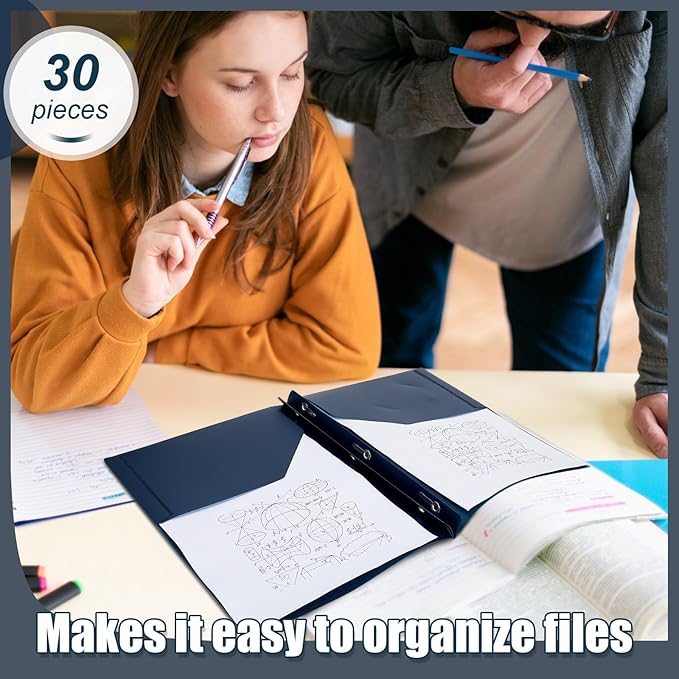 Yeaqee 30 Pcs Plastic Folders with Pockets and Prong Plastic Folders with 2 Pockets Pocket for Office, School for Students, Teachers, Office Workers (Navy Blue)