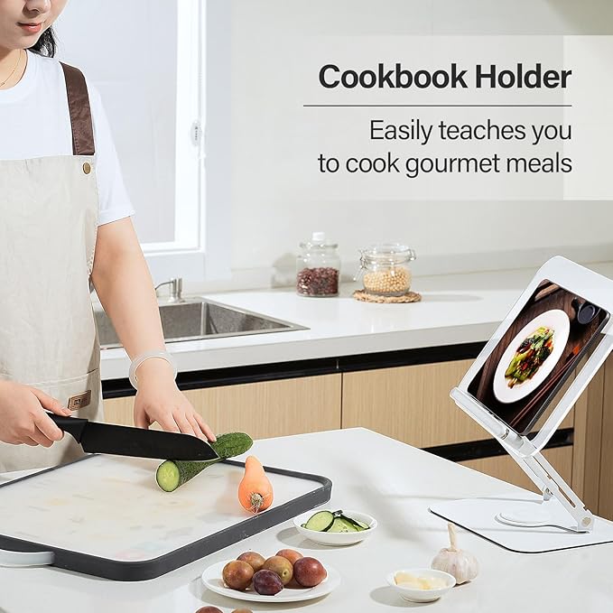 Acrylic Book Stand for Reading, Adjustable Book Holder with 360° Rotating Base & Elastic Page Clips, Foldable Desktop Riser Stand for Cookbook,Laptop,Tablet,Music Scores,Recipe,Textbook (Black)