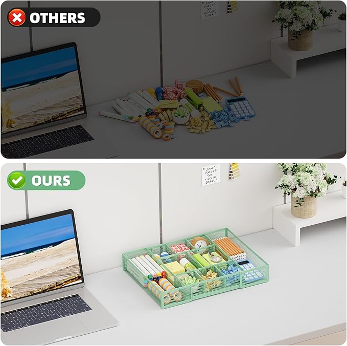 Marbrasse Expandable Desk Drawer Organizer, Mesh Drawer Organizer Tray with 10 Adjustable Compartments, Desk Organizers and Accessories for Office Supplies, Makeup & Vanity (Expandable-Green)