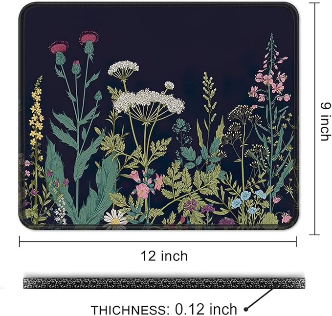 Auhoahsil Mouse Pad, 12 x 10 in Flower Theme Computer Mouse Pad for Desk, Premium-Textured Non-Slip Rubber Stitched Edges Waterproof Square Mouse Mat for Gaming Work Wireless Mice, Black