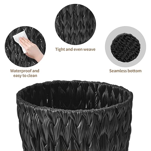 Endymion Black Wicker Trash Can,Small Hand Woven Bathroom Trash Can,Waterproof Woven Trash Basket for Bedroom, Offices or Kitchen,2 Gallon Round