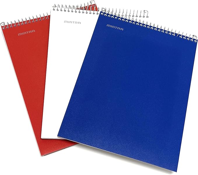 Mintra Office TOP BOUND Durable Spiral Notebooks (Red, White, Blue, College Ruled 3pk)