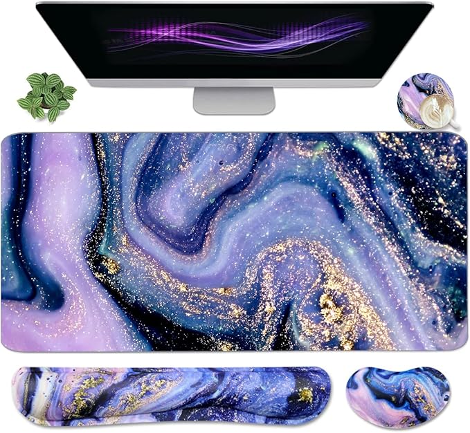 4-in-1 Large Gaming Mouse Pad and Keyboard Wrist Rest, Desk Pad for Keyboard and Mouse, Non-Slip Desk Mat for Home Office Study Game-Purple Marble