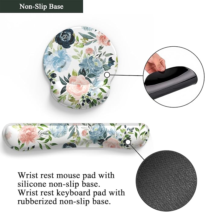 Green Blue Pink Floral Mouse Pad Wrist Support Keyboard Wrist Rest Set, Ergonomic Mouse Pad with Non-Slip Pu Base for Computer Office Comfortable Mouse Wrist Rest Easy Typing & Pain Relief Mouse Pad.