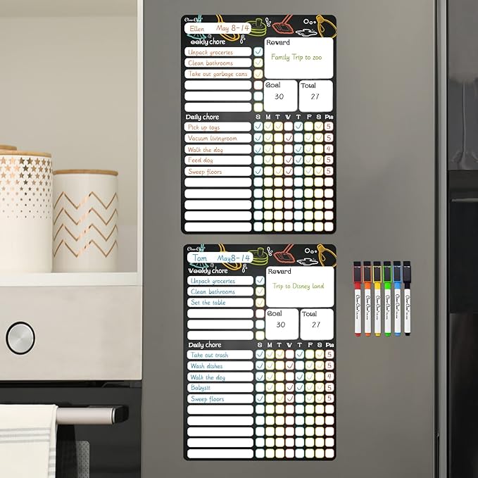 CLEVER CLEAN Magnetic Dry Erase Chore Chart - 8.5"x12" Behavior Responsibility Chore Board for Kids, Teenagers, Adults - 6 Extra Fine Point Markers Included - Shipped Flat