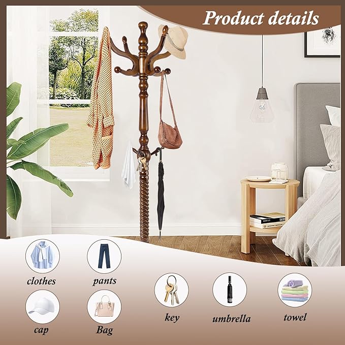 Wooden Coat Rack Freestanding, Vintage Coat Racks with Sturdy Round Base, Adjustable Height 37.40"-72.83" Entrance Coat Rack for Bedroom Living Room Entryway (Vintage Triangle)