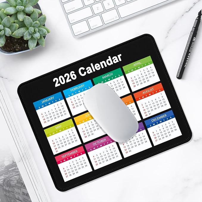 2026 Calendar Mouse Pad, Square New Year 2026 Mousepad 10.2 x 8.3 Inch, Stitched Edge Anti-Slip Waterproof Rubber Computer Mat for Office, Gaming, Laptop, New Year Office Supplies Gift, Black