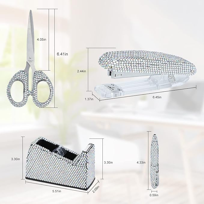 Office Stationery Set,Desk Accessory Kit, Home Office Necessary- Stapler & Desktop Tape Dispenser & Ballpoint Pens & Scissor 4 Piece Office Desk Accessories Kits(White&AB)