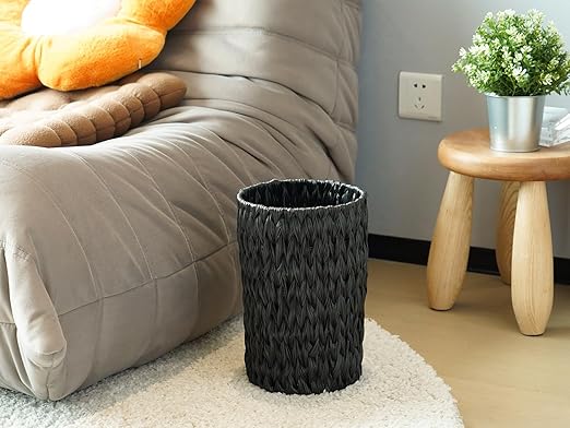 Wicker Trash Can,Small Trash Can,Handwoven Waterproof Wicker Trash Basket,Round Garbage Can,Compact Waste Basket for Bathroom,Bedroom,Office,2 Gallon Black
