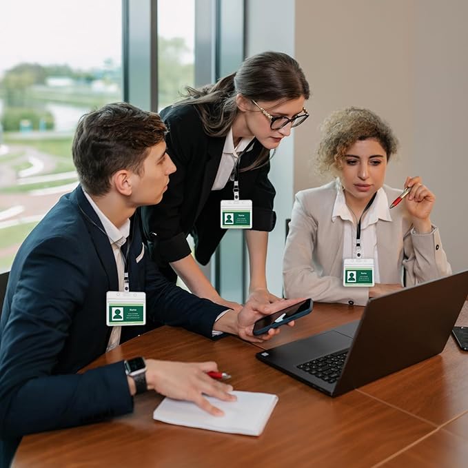 RexID 100 Pcs Horizontal ID Holder Badges Name Tags,Waterproof Clear Plastic ID Card Holders with Blue Lanyard (100 Pcs (Horizontal), Blue)