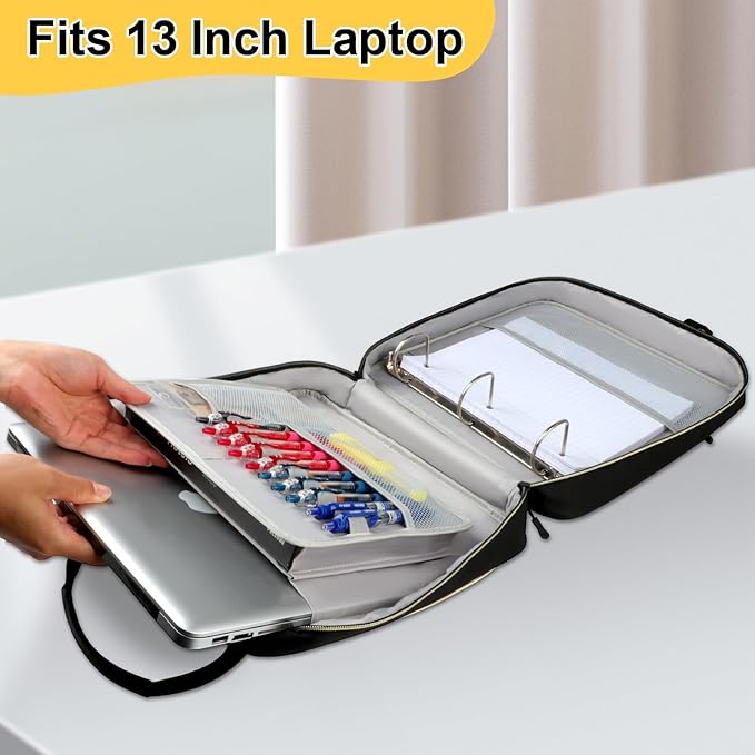 3 D-Ring Zipper Binder 2 inch with Shoulder Strap, Waterproof Oxford Binder with Zipper Storage 500 Sheets Capacity, Multi-Pockets Organizer Bag for 13 in Laptop School& Office Supplies Black