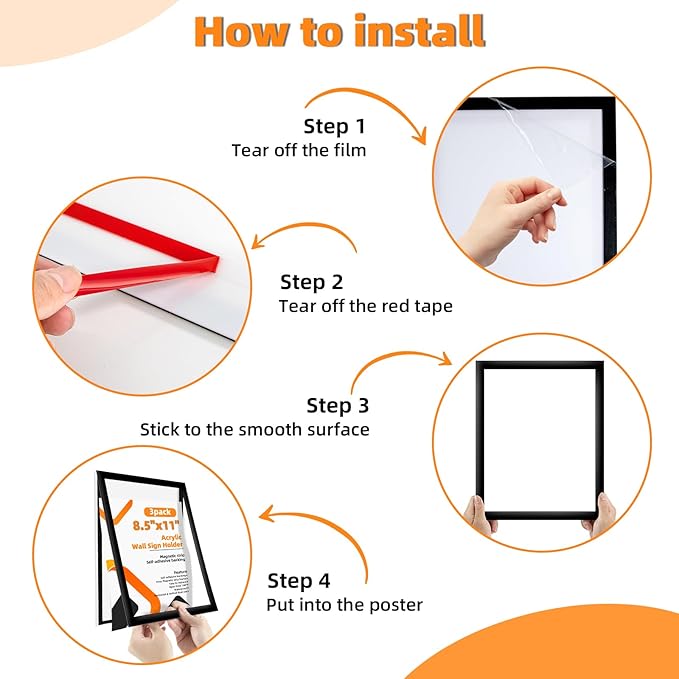 6 Pack Acrylic Sign Holder 8.5x11 Wall Mount,Clear Wall Sign Holder with Tape,Horizontal & Vertical Display,Plastic Sign Holder for Wall Door Glass Window Fridge-No Drilling