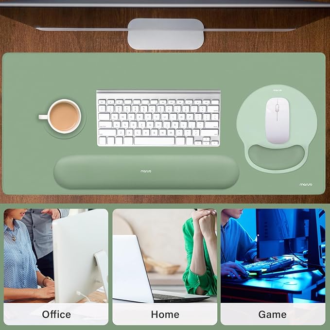 MOSISO Wrist Rest for Keyboard Mouse Pad Set, Large Gaming Deskpad&Circle Curved Mousepad&Keyboard Wrist Rest&Coaster, Ergonomic Non-Slip Mousepad&Easy Typing Pad with Curved Memory Foam, Green