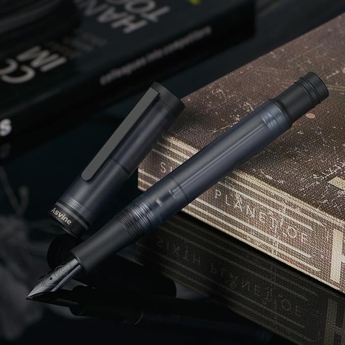 Asvine V200 Titanium Fountain Pen Vacuum Filling, Matte Black Bock Extra Fine Nib Clear Demonstrator Acrylic with Pen Case and Wrench