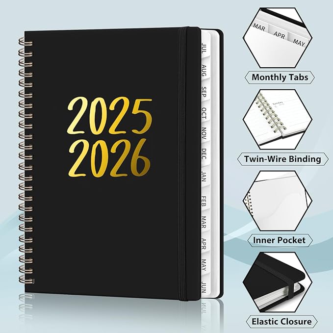 Planner 2025-2026, July 2025 - June 2026 Daily Weekly and Monthly Calendar Planner Book with Tabs, Notes Pages, Inner Pocket, Spiral Schedule Agenda A5, Back to School Supplies for School, College, Work-BLACK