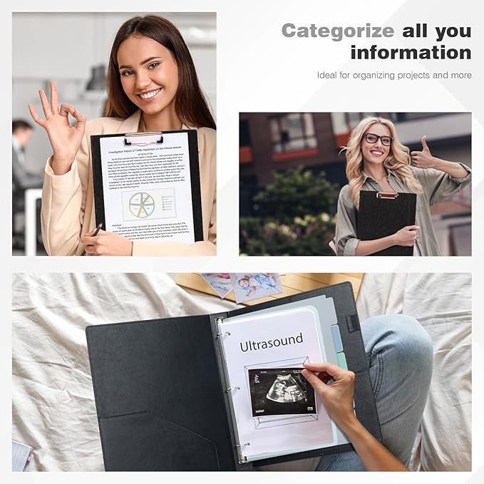 Ospelelf 3 Ring Clipboard Binder 1 Inch Leather for Letter Size (8.5" x 11"), Clipboard Binder with 5 Tab Dividers, Black
