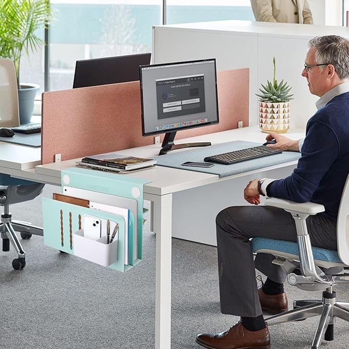 LUKETURE Desk Side Storage, 2 Tier Steel Hanging Organizer, No Drill Side Desk Organizer, Laptop Holder, with Pen Holder, Hanging Table Storage for Office Home, Fits Flat Edge Tables 0.3" to 2.8"