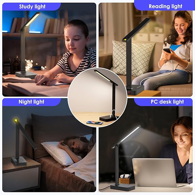 Infiway Desk Lamp with USB Charging Port: LED Desk Lamps for Home Office - 1 USB-A, 1 Type-C Charging Port, 2 AC Power Outlets, Touch Control Dimmable 5 Color 5 Brightness, Night Light(Black)