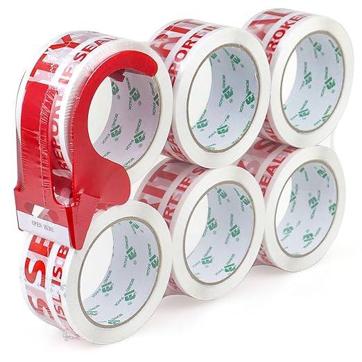 BOMEI PACK Security Seal Tape, Please Report if Seal is Broken Printing Packing Tape with Dispenser, 2.4mil 2inch x 60yds, 6Rolls Heavy Duty Fragile Tape Refills for Shipping, Moving and Sealing