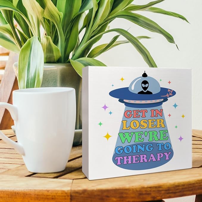 Therapy Office Desk Wooden Box Sign Decor, Funny Mental Health Wood Box Sign Decorations for School Psychologist Office, Gifts for Therapist Psychologist School Counselor, We're Going to Therapy