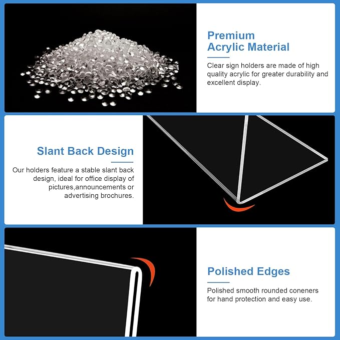 EHWINE 12 Pack 8.5 x 11 Acrylic Sign Holder Horizontal, Clear Plastic Signs Display Stand, Slanted Back Paper Holder Stand up Table Top Sign Holders Flyer Stand Frames for Office Business Store