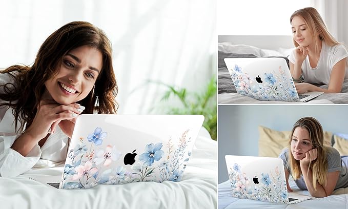 DONGKE Compatible with MacBook Air 13 inch Case 2021 2020 2019 2018 Release A2337 M1 A2179 A1932 with Retina Display & Touch ID, Plastic Hard Shell & Keyboard Cover - Blue Flowers