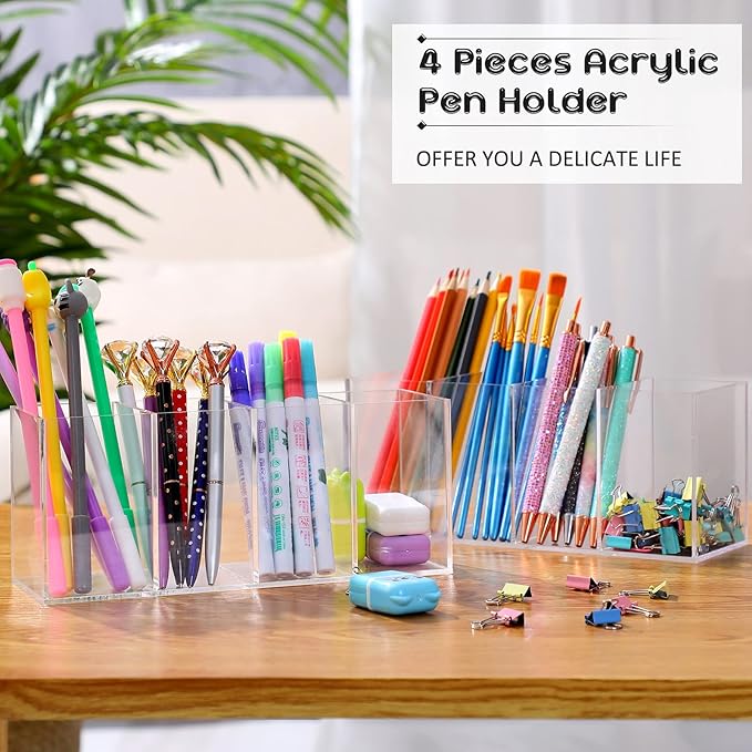 Pajean 4 Pack Acrylic Pen Pencil Holder - 4 Compartments Clear Pencil Pen Holder Organizer - Makeup Brush Holder Acrylic Pencil Organizer Cup for Office Home Supplies Desk Accessories