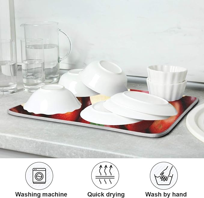 Leaves Red Apples Dish Drying Mat 16 X 18 Inch Natural Fresh Fruits Dry Dishes Pads Tableware Mats Absorbent Microfiber Protector for Kitchen Countertops Counter Home Decorations