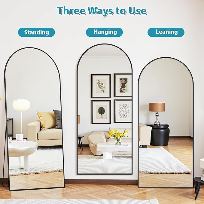 Full Length Mirror, 58"x18" Oversized Floor Mirrors Freestanding, Full Body Mirror Floor Standing Mirrors with Stand, Hanging Mounted Mirrors for Bedroom Living Room, Black, Arched Style
