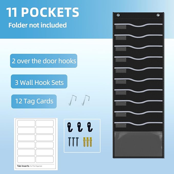 11 Pockets Hanging Wall File Organizer 15" Extra Wide Pocket Chart for Classroom, Office, Home, Mail Organizer Wall Mounted with 1 Writable Clear Pocket, 5 Wall/Door Hooks & 12 Labels (Black)