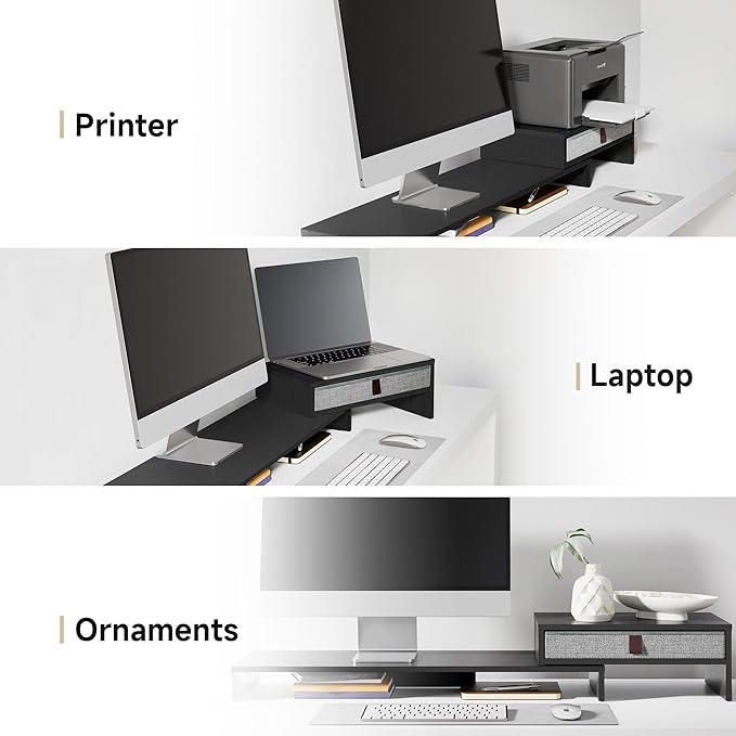 Fenge Computer Monitor Riser Stand with Drawer for 2 or 3 Monitors ,Adjustable Length and Angle Desktop Laptop Stand,Office Organizer,Printer,Black