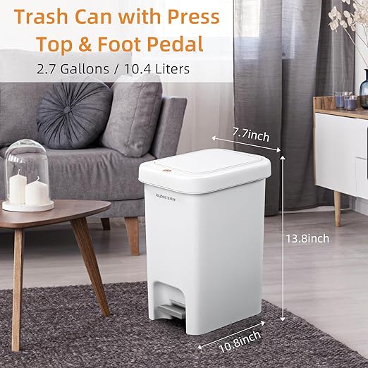 MOPALL Small Bathroom Trash Can with Lid Soft Close, Garbage Can with Press Top Lid & Foot Pedal, Step Trashcan Slim Trash Bin Waste Basket for Toilet, Office, Bedroom, Kitchen, Living Room 2.7 Gallon