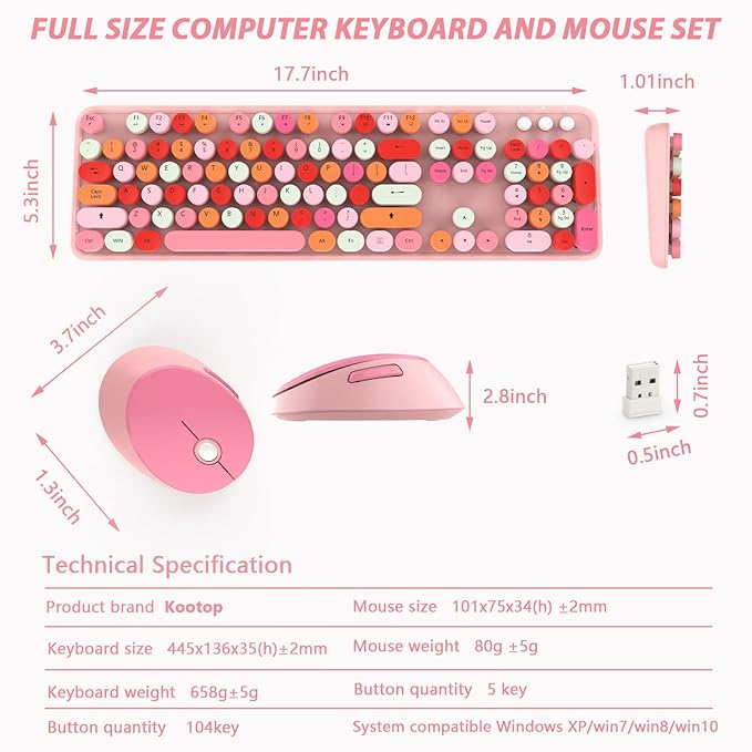 KOOTOP Cute Pink Wireless Keyboard and Mouse, 2.4G Retro Round Keycap for PC, Mac, Laptop, Tablet, Computer Windows