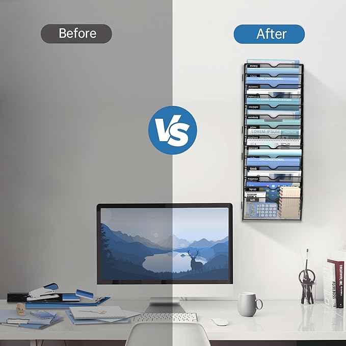 14 Tier Wall Hanging File Organizer, Paper Folder Holder Wall Mounted, Metal Mail Sorter for Office Home School, Black